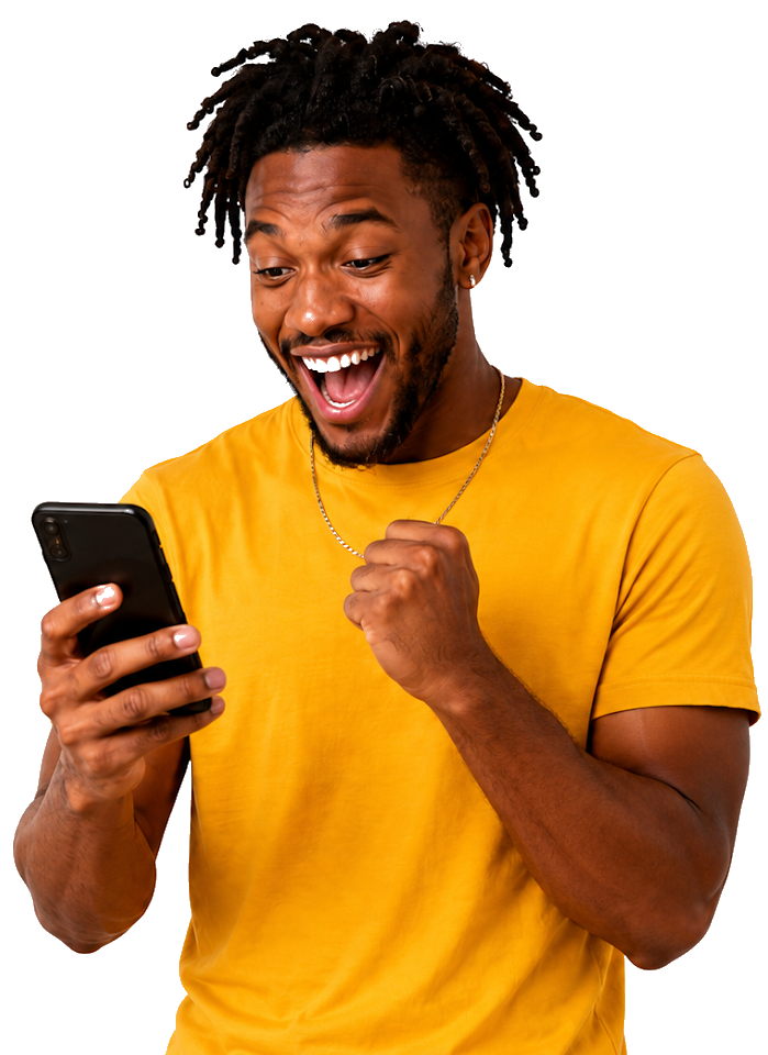 Excited man holding phone